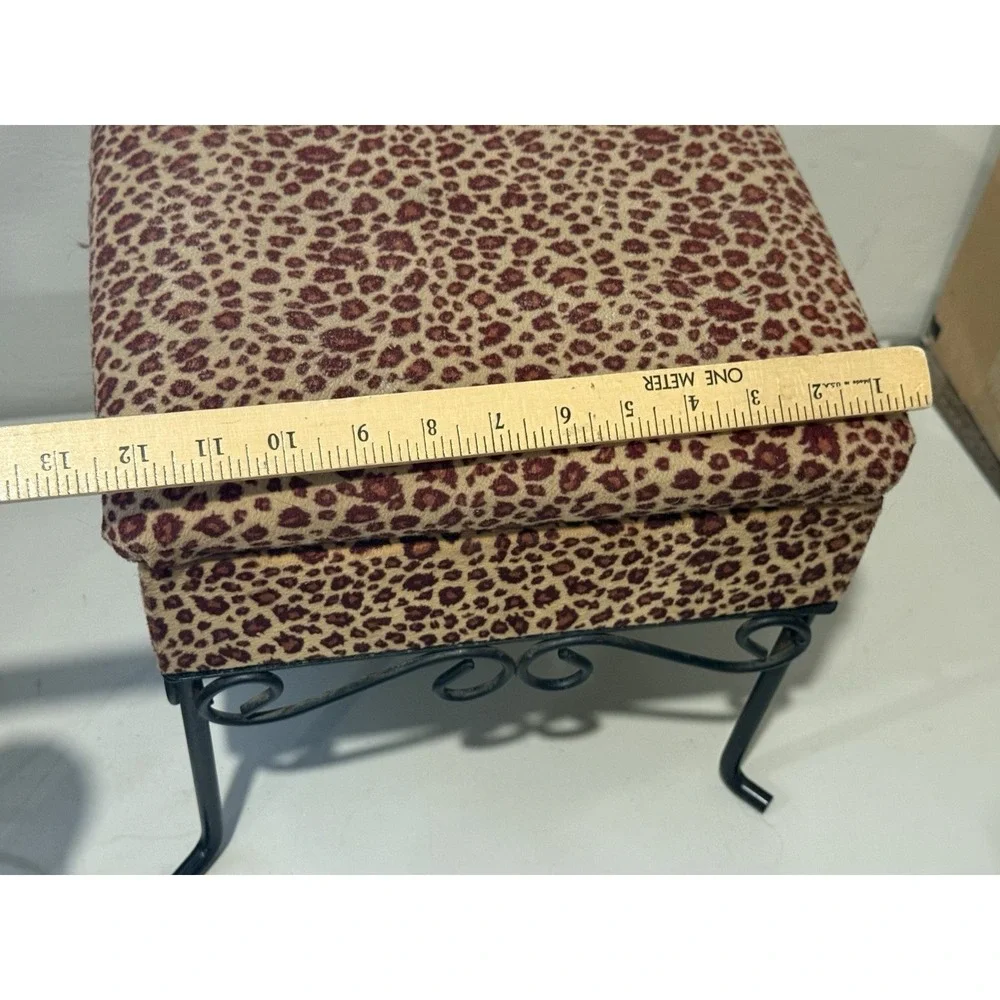 Vintage Leopard Velvet Foot Stool‎ Ottoman with Wrough Iron Legs 11